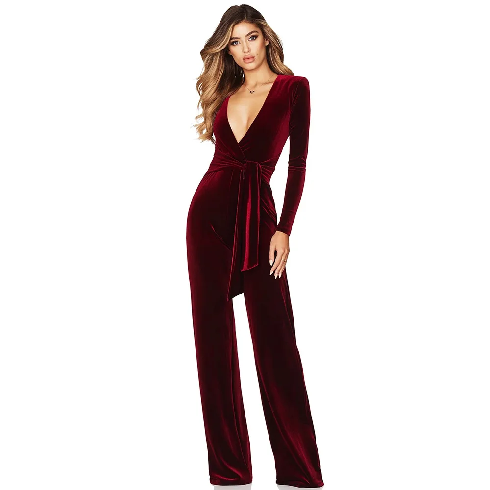 Осень Зима Новая женская одежда бархат глубокий v-образный вырез с длинным рукавом расклешенные брюки Повседневный комбинезон сексуальный три цвета с высокой талией комбинезоны