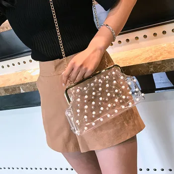 

Women Evening Chain Shoulder Bag Girl Messenger Handbag Ladies Pearls PVC Transparent Crossbody Bag Fashion Bolsa #30