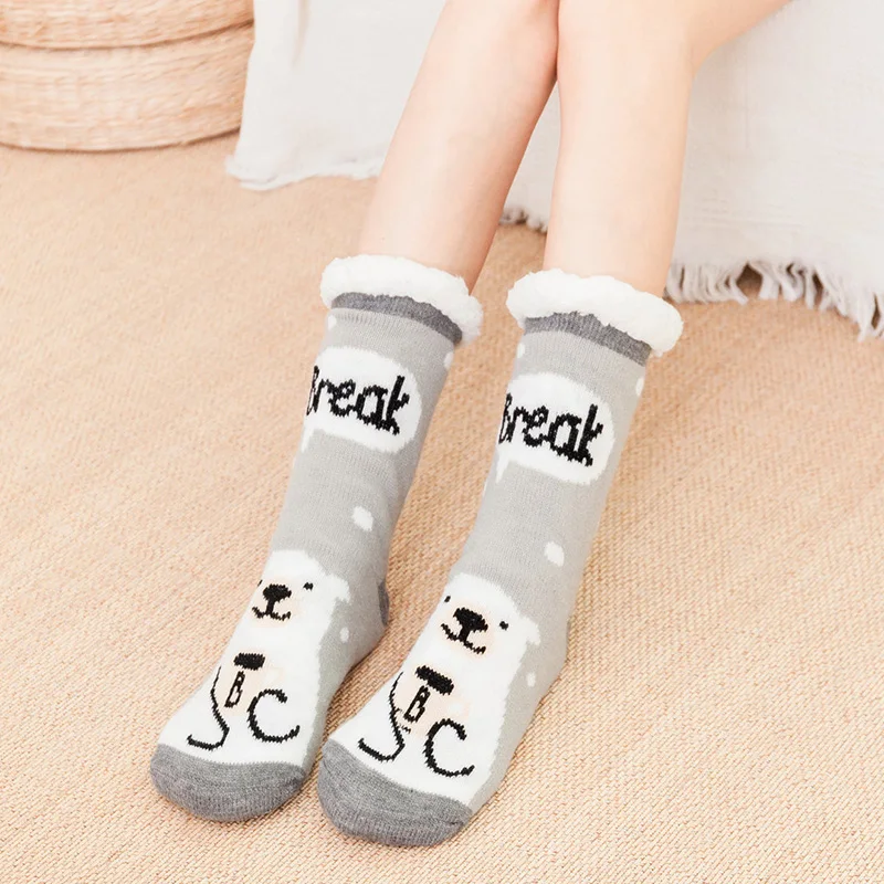 Зимние длинные утепленные флисовые Носки с подкладкой женские мягкие теплые уютные Пушистые Носки-тапочки с милым рисунком-MX8