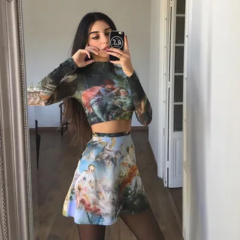 

Sexy Aesthetic Gothic Female Top+Skirt Sets Spring Autumn Grunge Vintage Harajuku Women's Print T-shirt Short Skirt Fashion Holy
