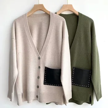 

Women Knitted Cardigan Sweater 2020 New V-neck Single-breasted Coat Top With Rivet Trim Pocket Female Outwear Knitwear Top