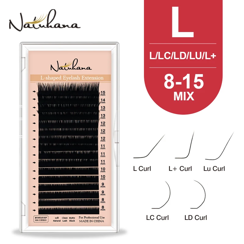 NATUHANA L Shaped 8~15Mix L+ Curl Individual Lashes LU Mink Eyelashes Super Soft LC LD Faux False Eyelash Extension for Makeup glamlash l l lc ld lu m curl mink eyelashes extension 16rows tray mix matt black individual n l curl makeup false lashes