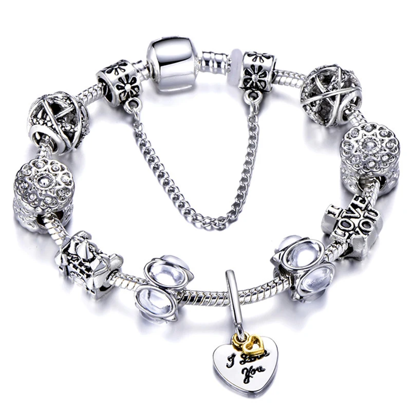 925 Модный серебряный браслет с шармами браслет для женщин Хрустальный цветок фея бисера подходит для девушек бренд браслеты ювелирные изделия