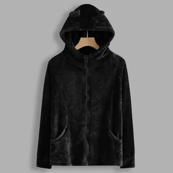 

Women Basic Jackets Female Zipper Pockets Solid Faux Fur Jacket Rabbit Ear Hooded Plush Zipper Pocket Coats Outwear #815