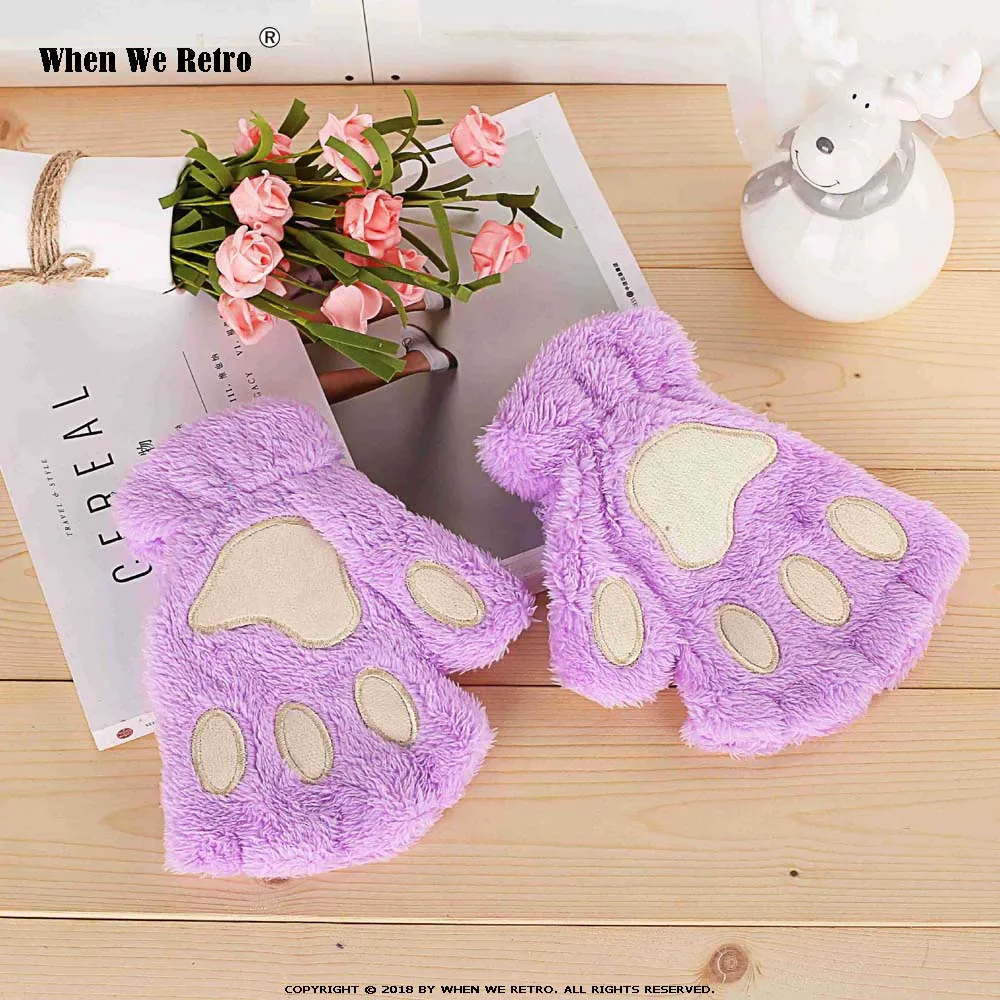 Purple Когда мы Ретро Женщины Милая кошачья лапа QY0470 плюшевые варежки теплые мягкие короткие без пальцев пушистый медведь кошачьи перчатки половина пальца белый бежевый - Цвет: Purple