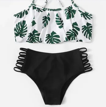 

Women Split Bikini Set Stretchy Ruffle Swimsuit High Waist Leaf Print Swimwear