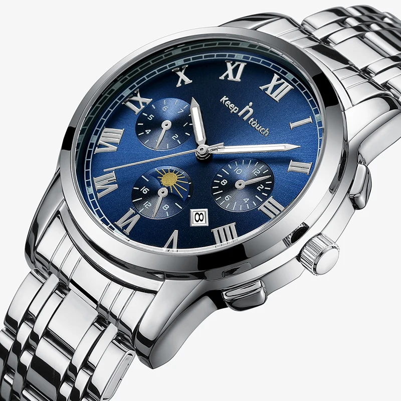 

Male Clock Student Men Watch Steel Belt Casual Waterproof PU Leather Silver Blue Clock Color Keep in touch Brand New Men Watchs