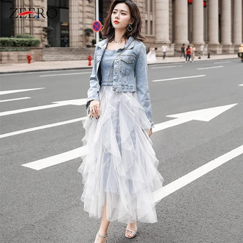 

2019 Autumn Casual Denim Jacket Suit 2 Piece Sets Women Outfits Female Jeans Short Coat + Sexy Mesh Stitching Strap Dress Suits