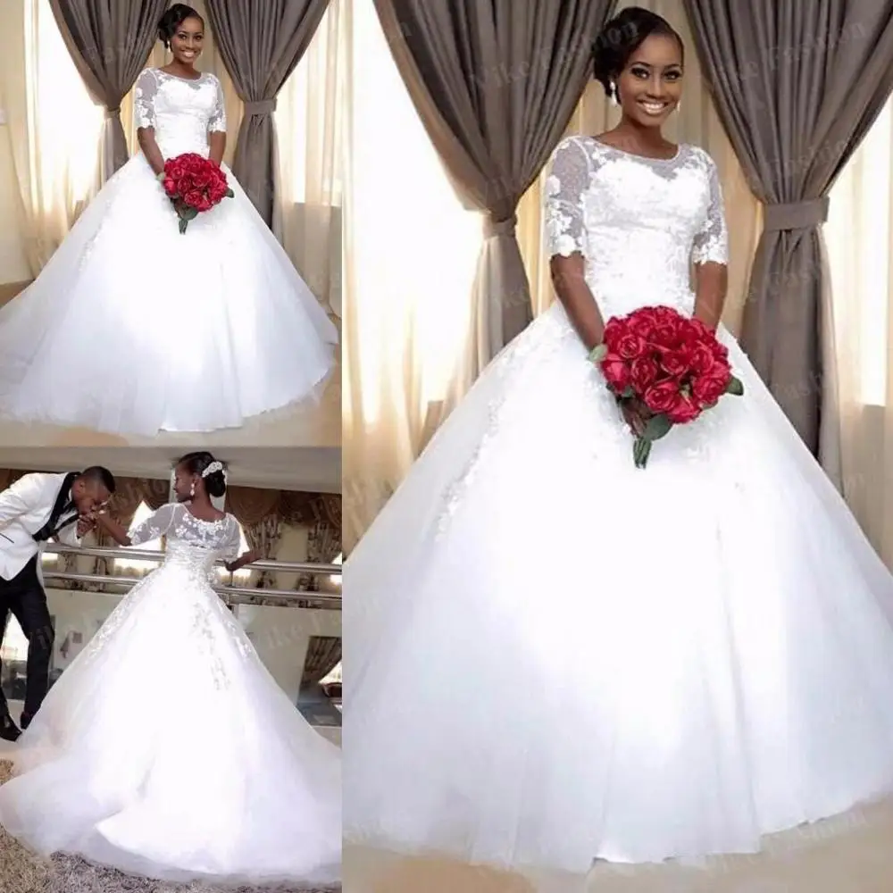 

A-line South African Black Girls Wedding Dresses Sheer Neck Half Sleeve Button Back Plus Size Bridal Wedding Gowns Bride Dresses