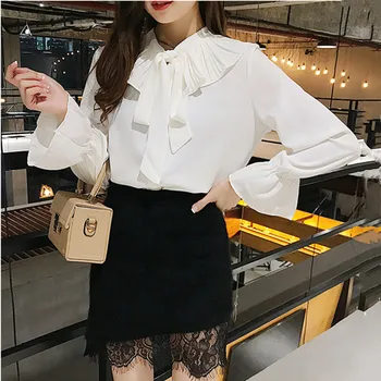 

The new Korean version of the wild bow pleated temperament was thin cage lamp long-sleeved shirt female autumn overalls