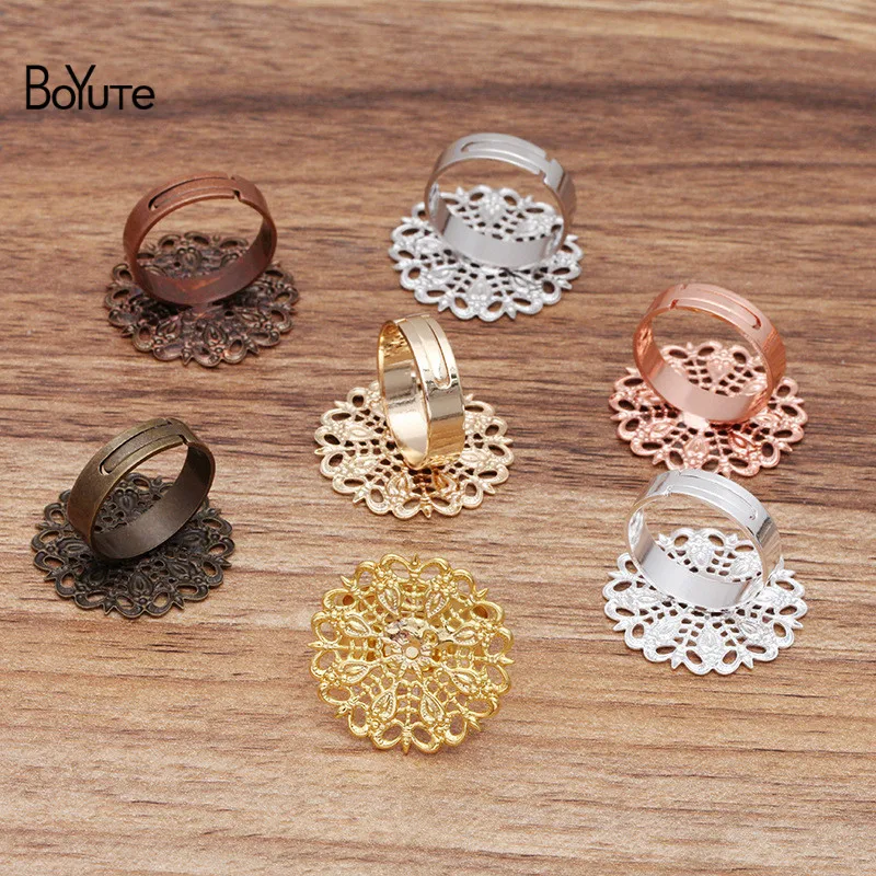 BoYuTe (200 Pieces/Lot) 25MM Metal Brass Filigree Peacock Feather Ring Base Adjustable Diy Hand Made Jewelry Accessories