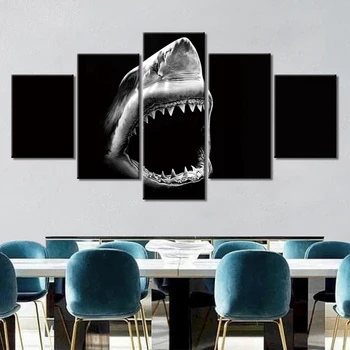 

5 Panel Posters And Prints Wall Art Canvas Painting Decorative Black White Shark Picture Modern Home Decor Canvas Painting
