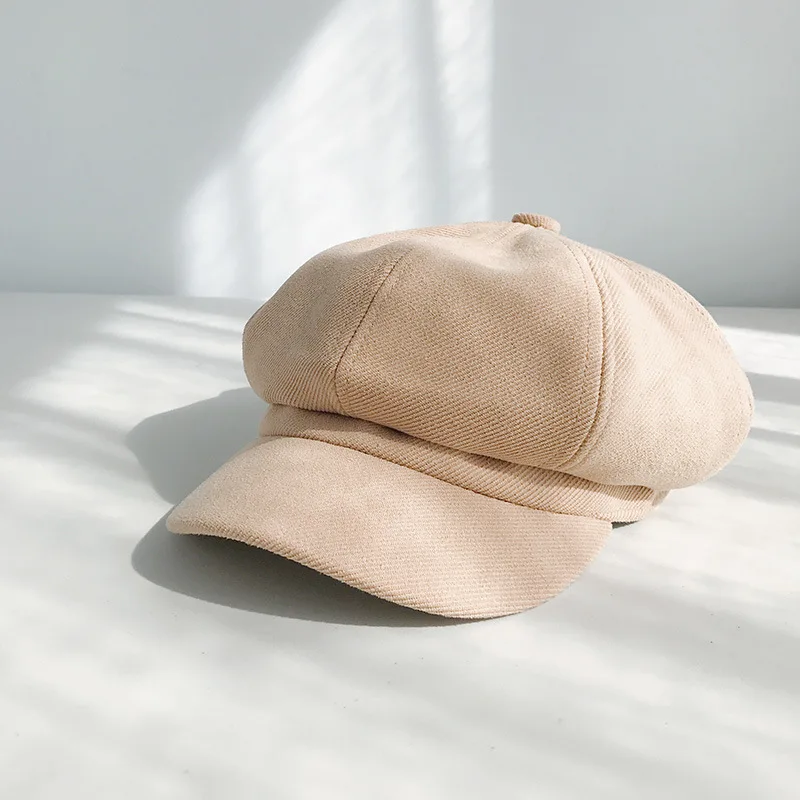 beige Осенняя восьмиугольная кепка, женские шапки-береты для девочек, однотонные хлопковые шапки для газетчиков, женские береты в британском стиле, теплая шапка - Цвет: beige