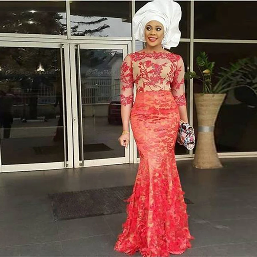 Aso Ebi Red Lace Mermaid Prom Dresses 