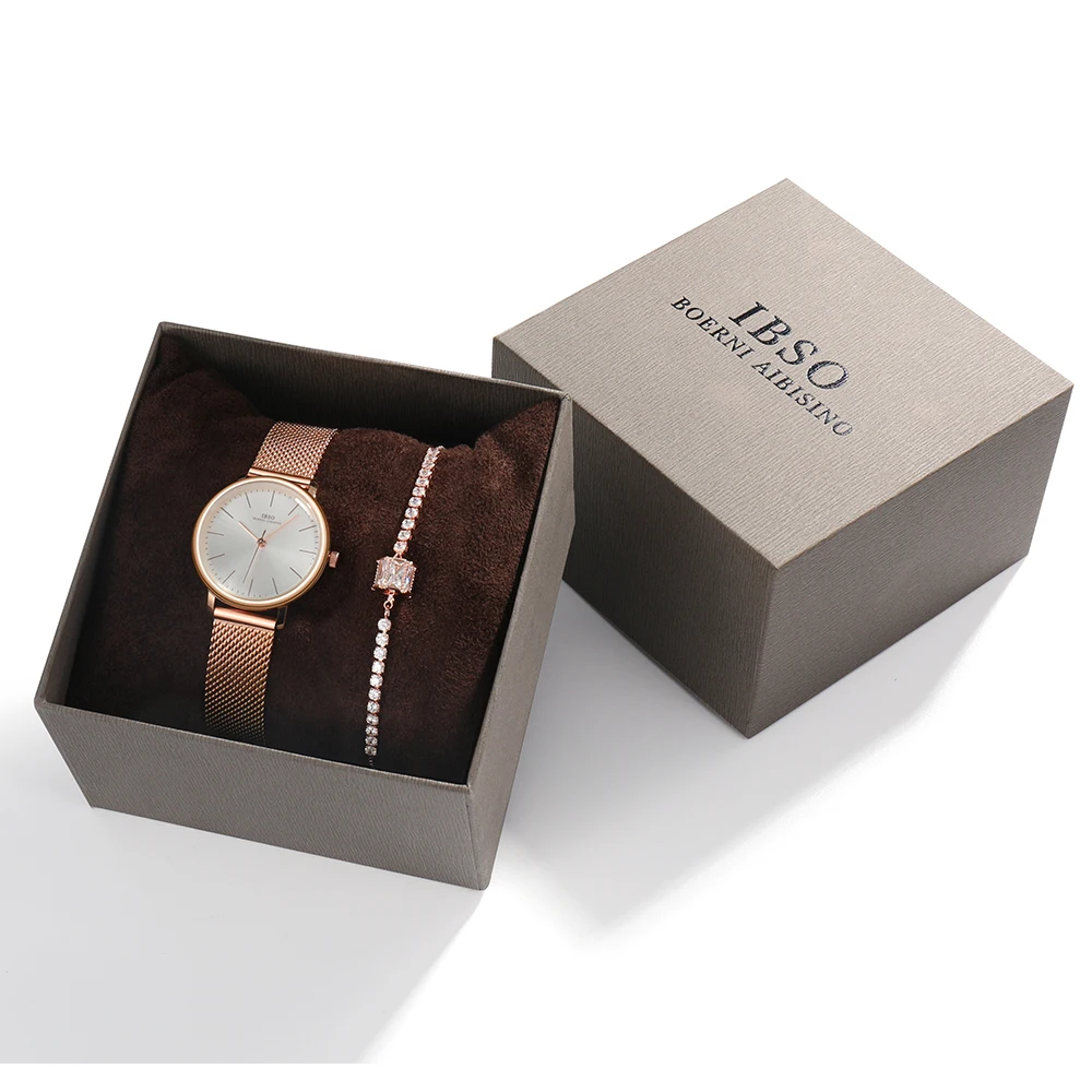 IBSO женские кварцевые часы с кристальным браслетом, роскошный ремешок из розового золота, женский браслет на запястье, ювелирный набор, рождественский подарок, часы для женщин - Цвет: 3626 set 1