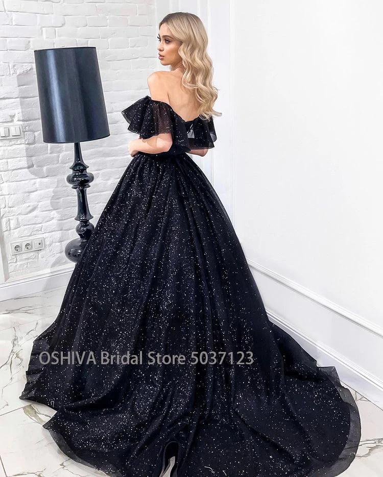 2022 Newest Starry Black Prom Dresses Ruffle Sleeves Ball Gown Princess Glitter Tulle Party Evening Prom Gowns Corset Back vintage prom dresses