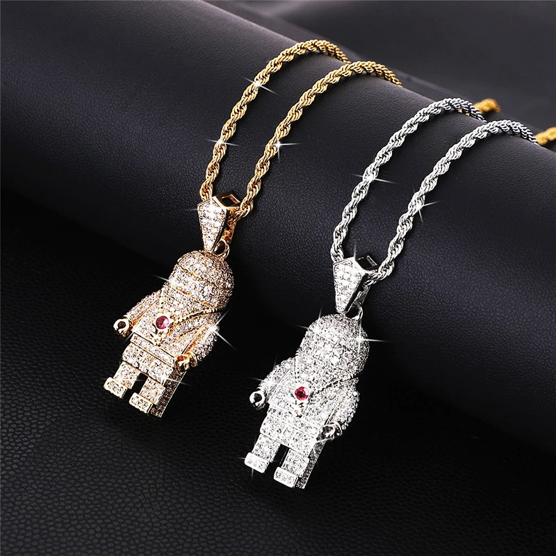 

Hip Hop Rock Men Necklace Zircon Rhinestone Astronaut Pendant Gold Chain Cartoon Creative Couple Trendy Gift Jewelry