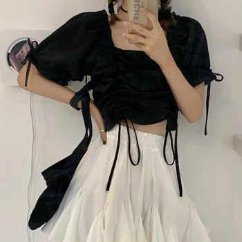 

Women 2020 Summer Casual Slim Thin Girl Square Collar Tops Female Solid Drawstring Exposed Navel Black Pleated Blouse