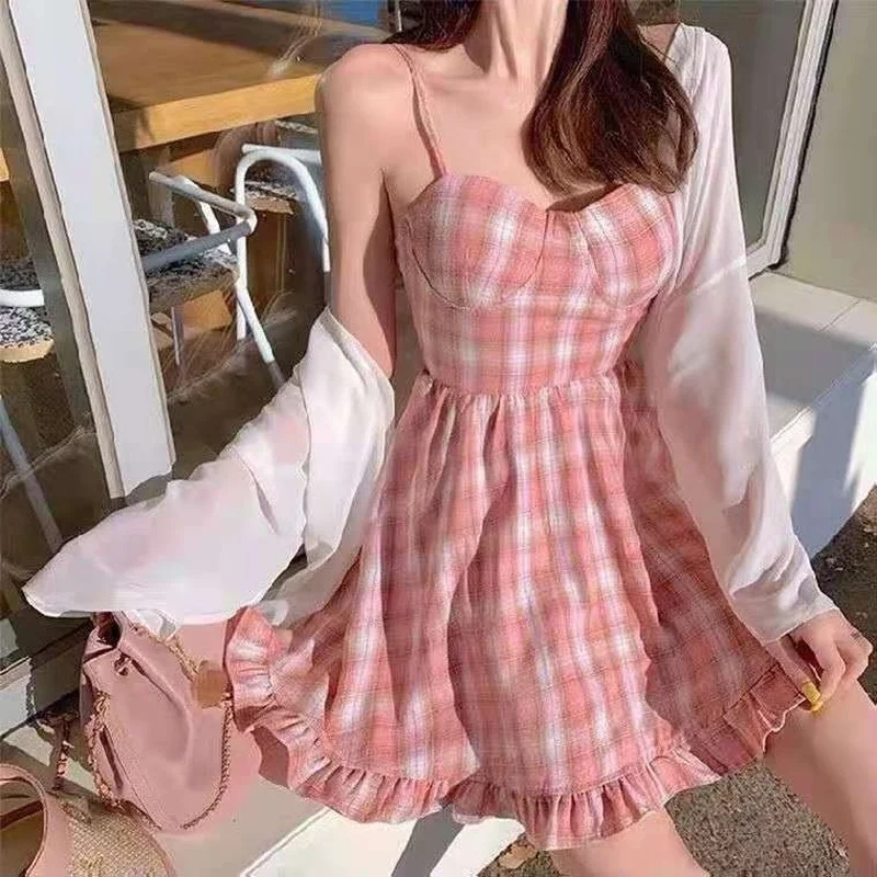 

Japanese Autumn Women Mini Lolita Sling Dress with Lace Pink Plaid Beading Dress Flare Sleeve Cute Kawaii Feminine Dress