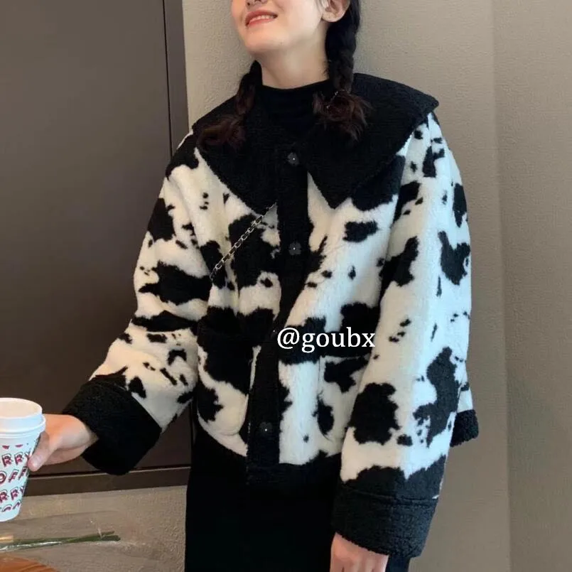 

New Women Streetwear Fur Jacket Autumn Winter Turn Down Collar Cow Printed Short Coat Woman Vintage Warm Korean Outwear