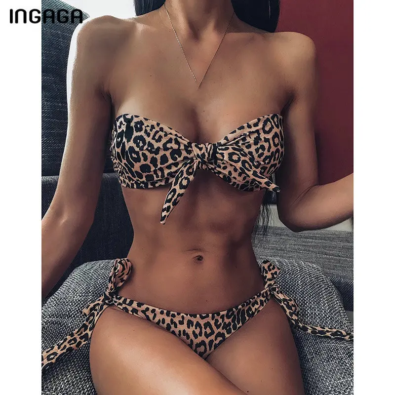 Bandeau Bikini Leopard Swimwear Womens Swimsuits INGAGA Female High-Cut Sexy Biquini
