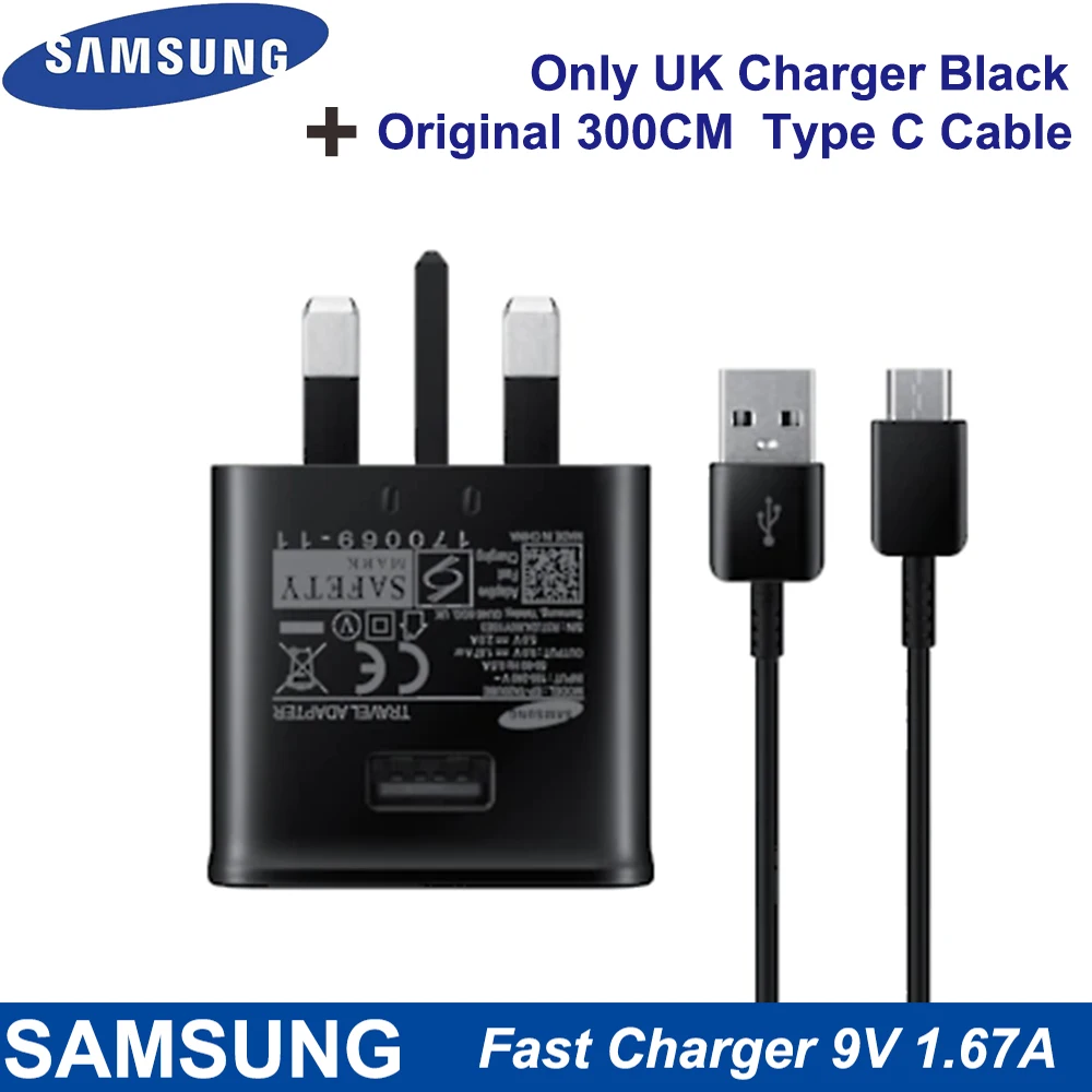 For Samsung S10 S8 S9 Plus UK Fast Charger 15W Travel Adapter 9V1.67A Fast ChargeType-C Cable For Samsung S9 Note10 9 8 A50 A70 charger 65 watt Chargers