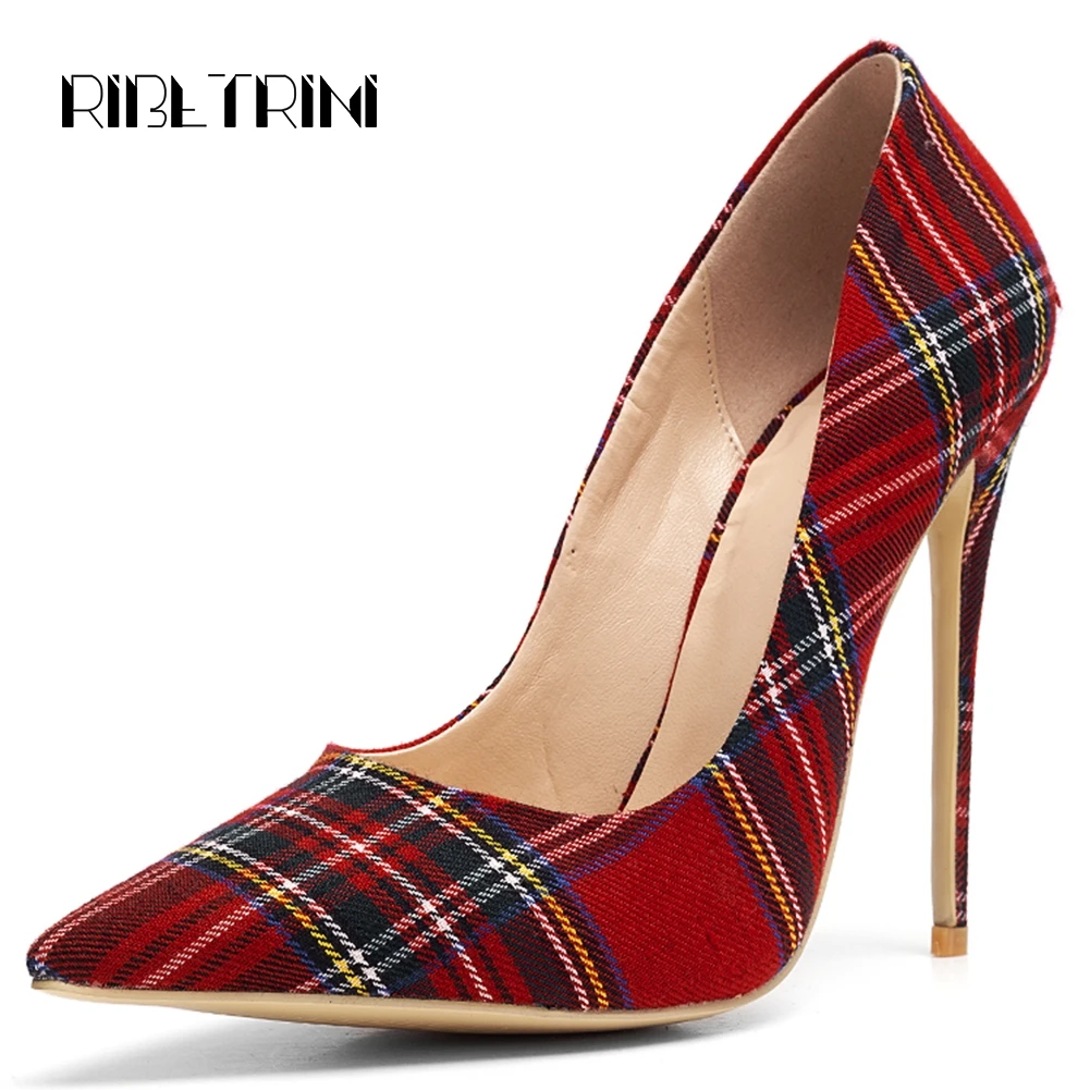 

RIBETRINI Stiletto High Heels Pumps Red Pointed Plaid Shoes Woman Shallow High Thin Heels Party Wedding Shoes Big Size 33-45