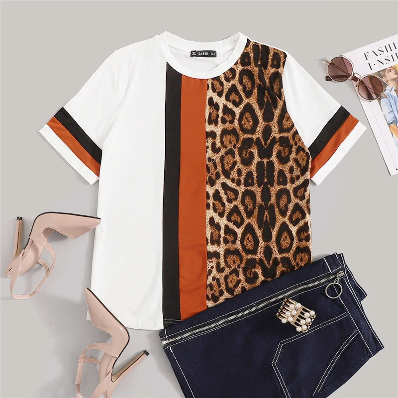 SHEIN Цвет блок вырезать и шить Леопардовый топ с декоративной полосой короткий рукав с О-образным вырезом Повседневное футболка Для женщин летней одежды для отдыха женская футболка, топы