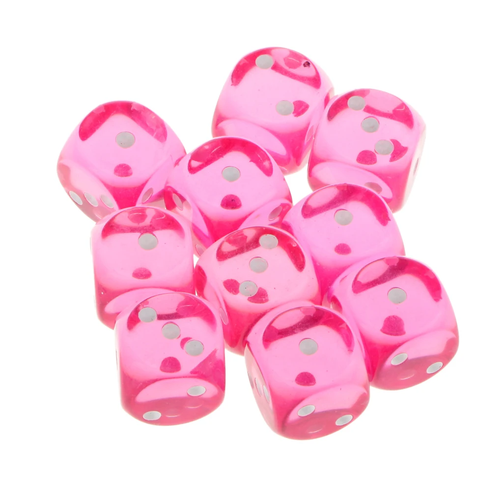 10Pcs 6 Sided D6 Dices Rose Red Transparent 16mm D3 Dice Round Corner