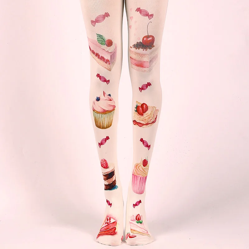 

2019 Limited Rushed Poly Medias De Mujer Open Crotch Stockings Women's Pantyhose Fashion Printed Cake Strawberry Pattern Female