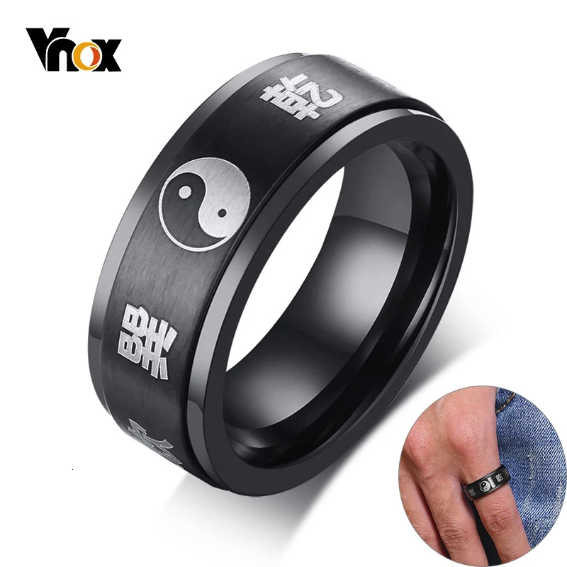 Vnox Спиннер Yingyang Багуа балансирующее кольцо для мужчин черное нержавеющая сталь Китайский Персонаж выгравированное счастливое благословение заказное кольцо