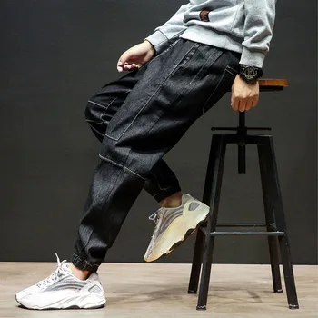 

Black Retro Classic Haren trouser Denim Men Harajuku Pant Straight 2019 Fashion Printing Pocket Loose Leisure stitch washed jean