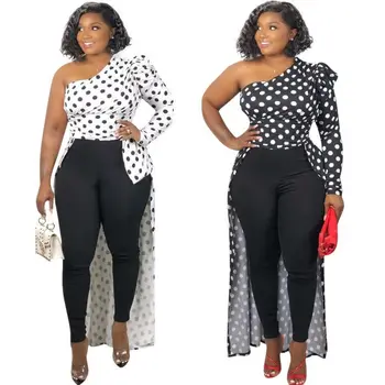 

One Shoulder Polka Dot Tops Black White Blouses Irregular Length Fashion Casual Women Shirts Party Occasion Event Bluas Femme