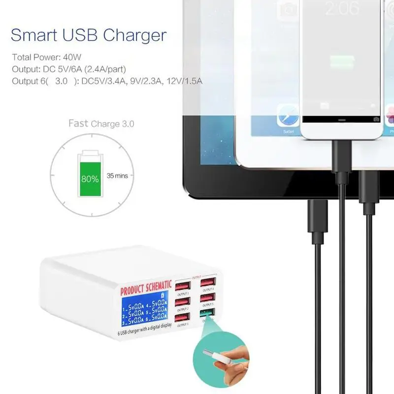 USB3.0 Charge 6 Ports 6A Smart USB Charger Adapter QC3.0 USB Hub USB Hub Charger Dock Station with LCD Display Auto Detect