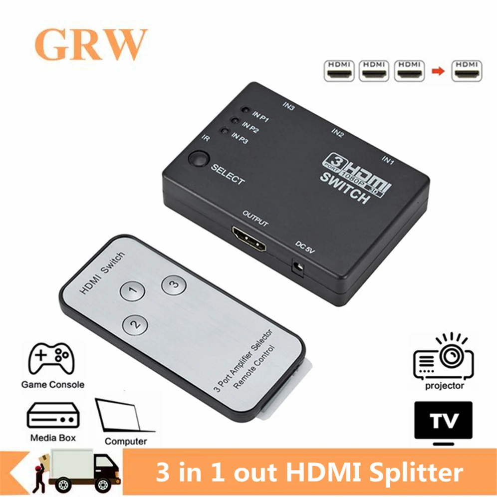 GRWIBEOU-conmutador HDMI 3 en 1, caja de 3 puertos, interruptor automático, 1080p, HD 1,4, con mando a distancia, para proyector de DVD HDTV XBOX360