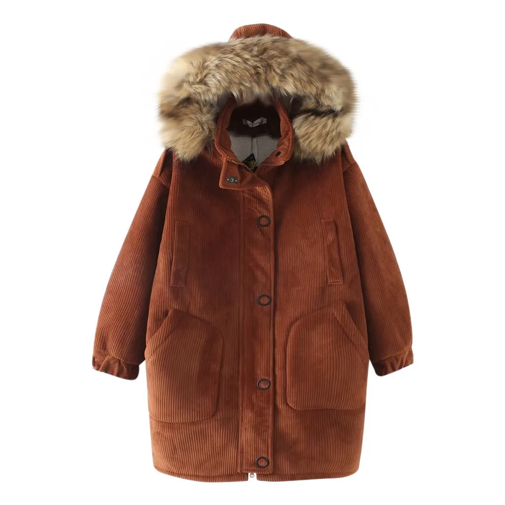 Женская Вельветовая утолщенная хлопковая куртка с капюшоном, теплая Модная однотонная шерстяная куртка с капюшоном, зимняя Осенняя длинная теплая куртка, пальто, верхняя одежда - Цвет: Brown