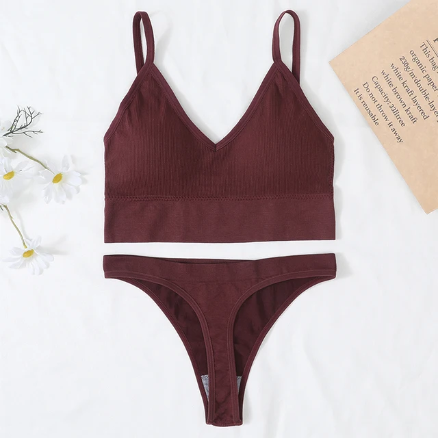 Women Bra And Panties Set Sports Bra Set Sexy G-String Seamless Bra Thong Sexy Lingerie Set Fitness Crop Top Underwear Intimates Brazilian Red wine