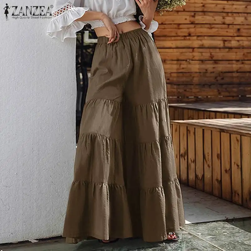ZANZEA 2021 Ruffle Trousers Fashion Women's Wide Leg Pants Elastic Waist Pantalon Palazzo Female Oversized Solid Casual Turnip | Женская