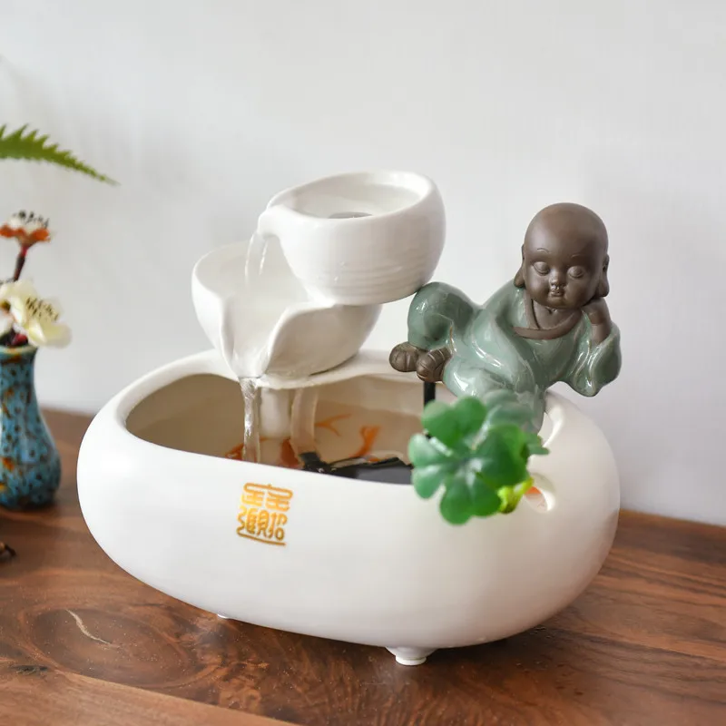 Ceramic Water Fountain Ornament Home Decoration Living Room Little Monk Feng Shui Waterscape Office Desktop Humidification Gifts
