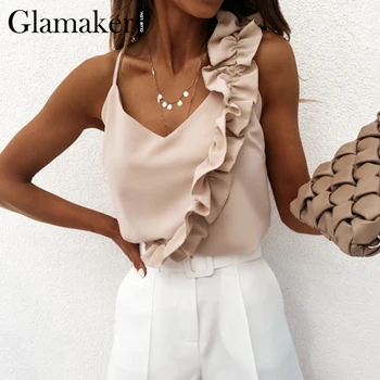 

Glamaker Women Sexy V Neck Ruffle Blouse Shirts Summer Backless Spaghetti Strap Tops Elegant Sleeveless Office Ladies Blouses