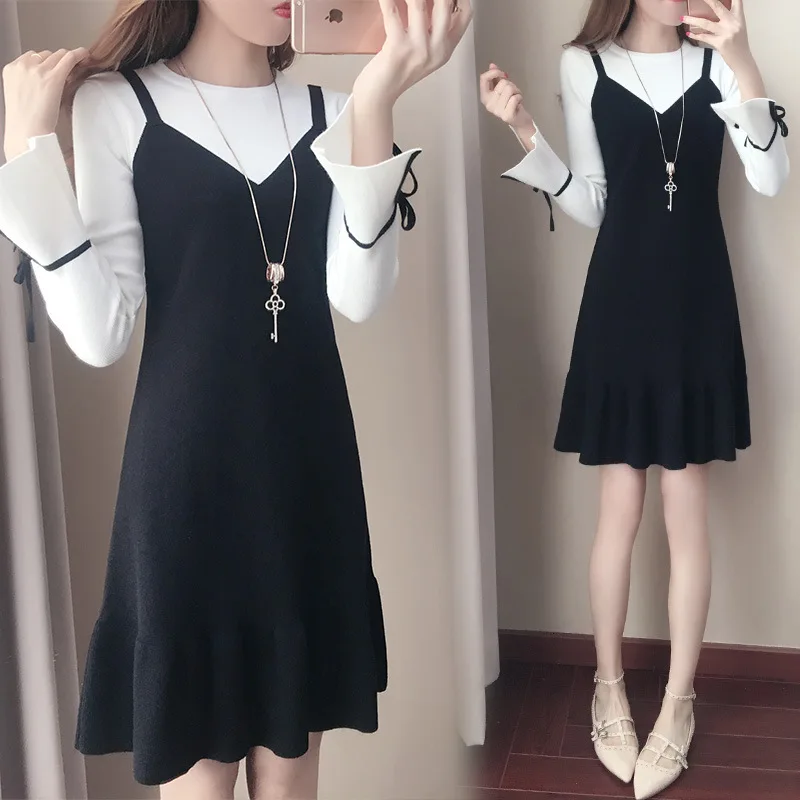 

Long-sleeved Dress Women's Spring And Autumn 2019 New Style Fashion Korean-style Slimming Fake Two-Piece Skirt