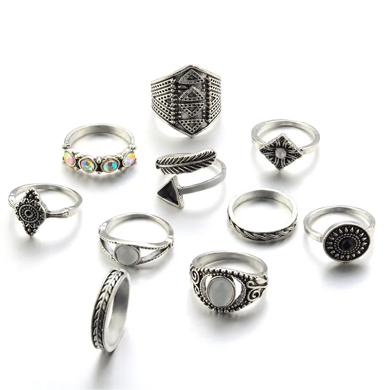 Sindlan, 10 шт., винтажные серебряные готические кольца стрелы для женщин, стразы, шарм, Boho, массивные кольца, набор, модные ювелирные изделия на палец