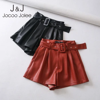 

Jocoo Jolee Korean Style Wide Leg PU Leather Shorts with Belt Winter Cool Punk High Waist Loose Leather Shorts High Quality