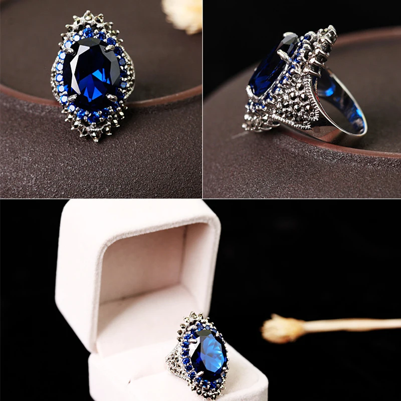 Male Female Oval Pomegranate Ring Red Blue Stone Couples Wedding Rings