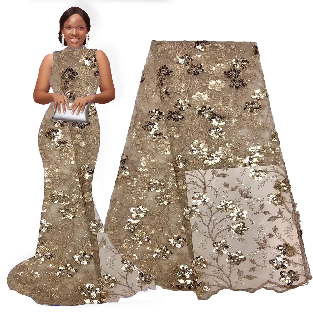 

African lace fabric 2020 high quality lace gold sequin fabric embroidery african mesh tulle net lace fabrics for wedding dress