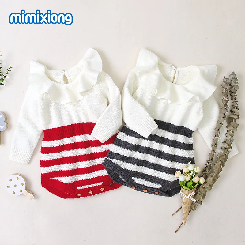 Spring New Princess Toddler Baby Girls Knit Sweater Ruffles Romper Jumpsuit Outfits Striped Baby Girl Clothes