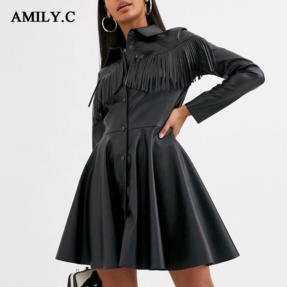 Amily.c 2020 New Sexy Bodycon Patchwork Fringe PU Leather Dress for Women Lapel Collar Long Sleeve Casual Waist Mini | Женская одежда