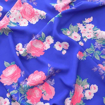 

one meter High quality style thickened hemp Chiffon fabric Brilliant blue flowers patchwork Fashion clothing material