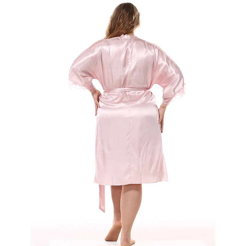 Factory Outlet Women Satin Silk Sleeping Robe Imitation Silk Plus Size Lady Lace Sexy Bathrobes Half-Sleeve Kimono Female 96231