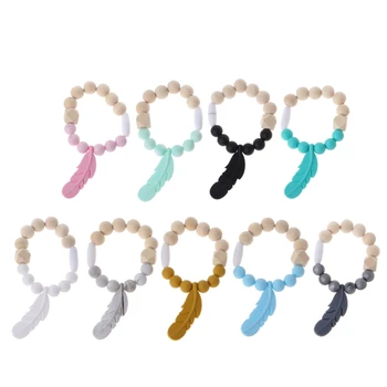 

Feather Baby Teether Rings Beech Wood Teething Bracelet Infant Silicone Chew Toy BSN